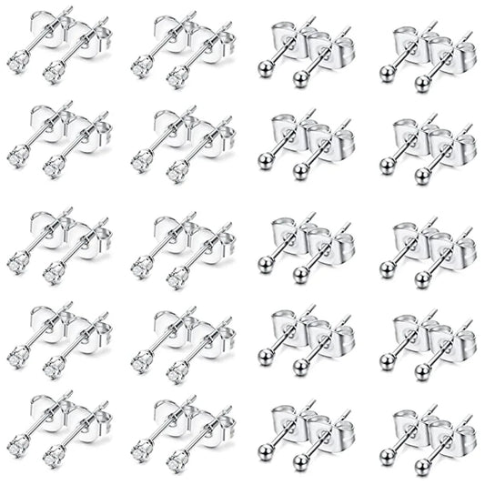 6 Pairs Tiny 2mm Stainless Steel Stud Earrings Set for Men and Women with CZ Round Ball Design