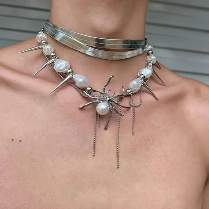 Layered Spider Tassel Necklace Punk Rock Leather Choker for Women