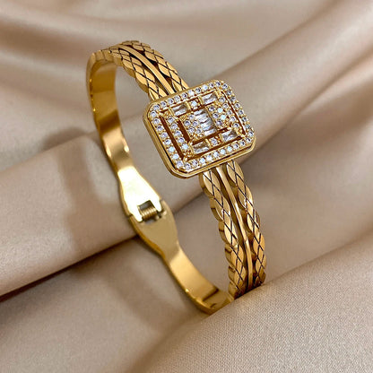 Square Stainless Steel Bangle Bracelet with Rhinestones for Women Cuff Fashion Waterproof Jewelry Gifts