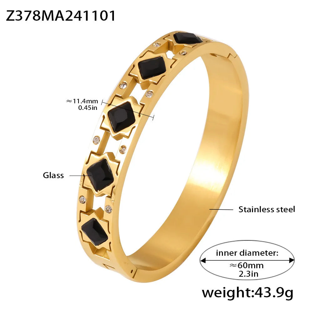 Vintage Gold Plated Stainless Steel Bracelet with Red Glass Bangle Charm Luxury Jewelry Gift for Women
