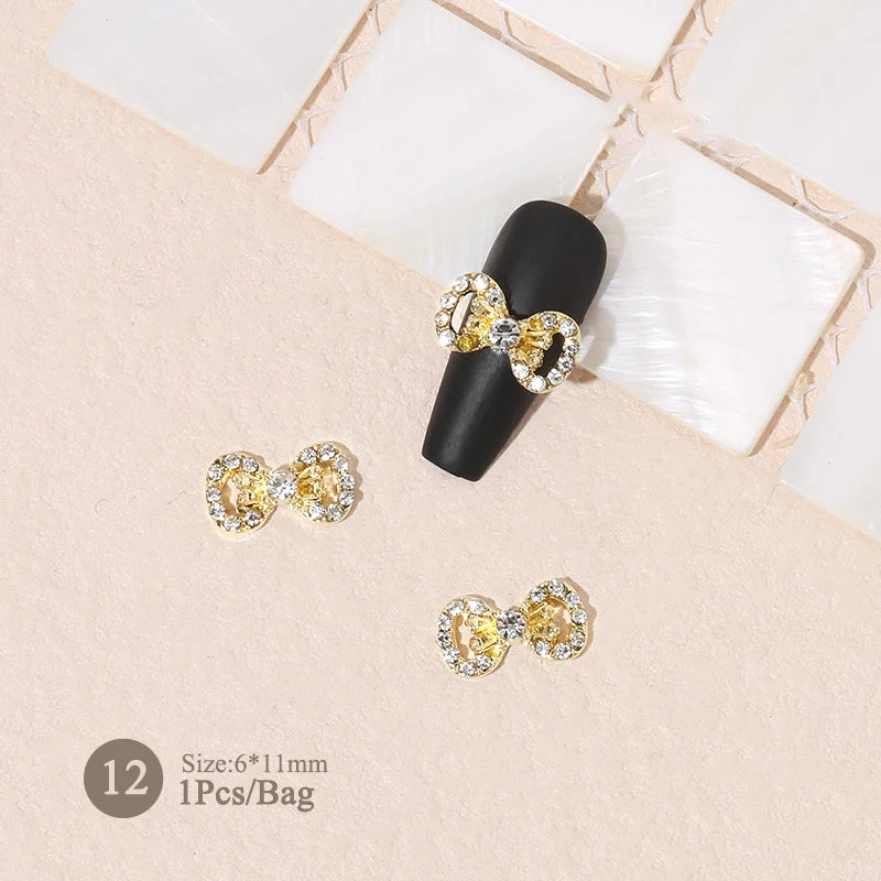 Elegant Gold Silver Metal Bowknot Nail Charm 3D Rhinestone Decor for DIY Manicure Art
