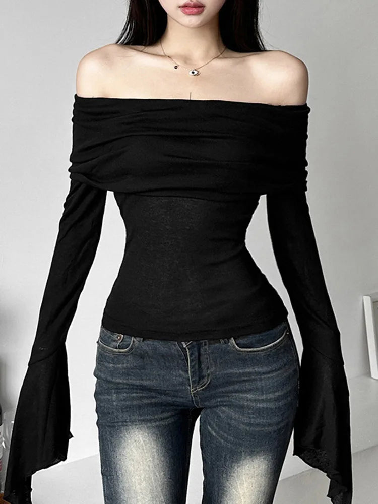 Dozw Y2K Off Shoulder Slash Neck Top For Women Trendy