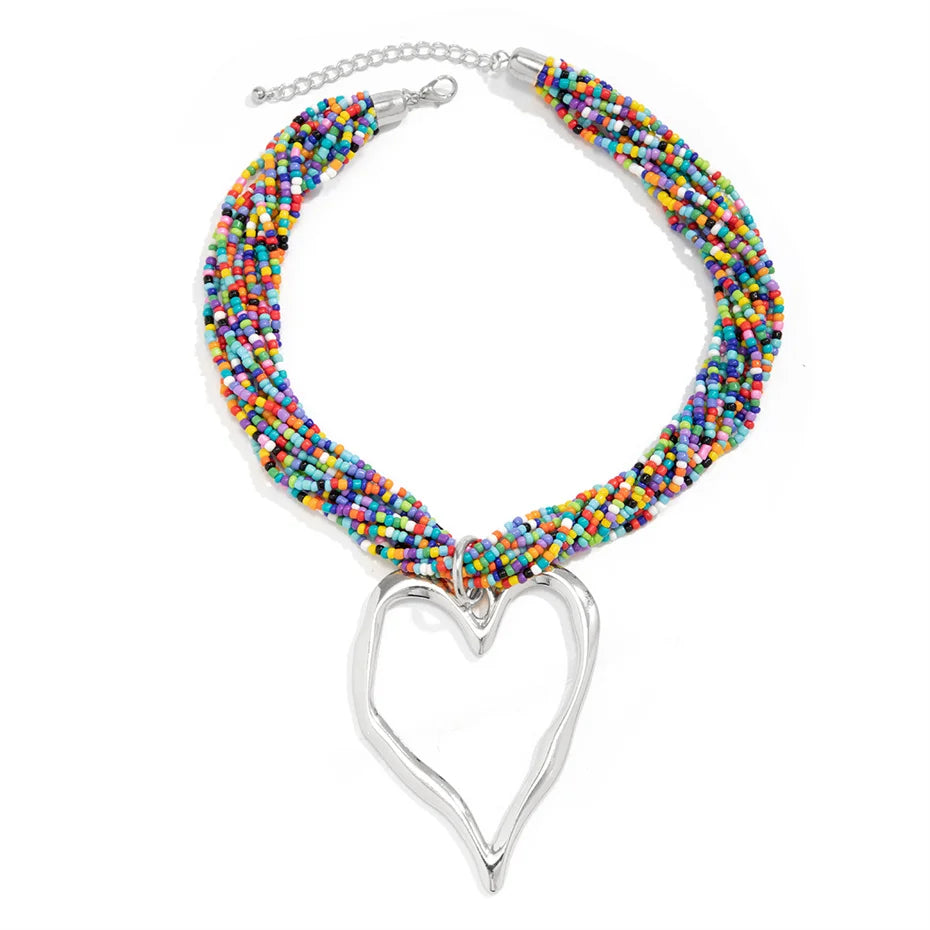 Boho Multilayer Heart Pendant Choker Necklace for Women Bridal Accessories