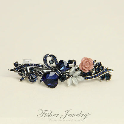 Elegant Red Crystal Flower Bow Hairpin With Vintage Blue Rhinestones