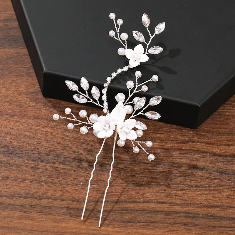 Elegant Pearl Rhinestone Flower Hair Pins for Women Wedding Accessories