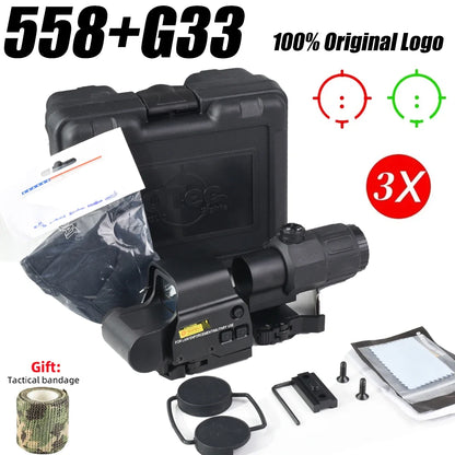 E*T*CH 558 Holographic Red Green Dot Sight Collimator Tactical 3X 5X Magnifier Combo for Hunting and Airsoft Riflescope 558 G33--H--BK