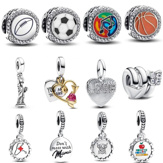 European 925 Sterling Silver Football and Basketball DIY Charm Bead for Bracelet and Necklace Jewelry for Women