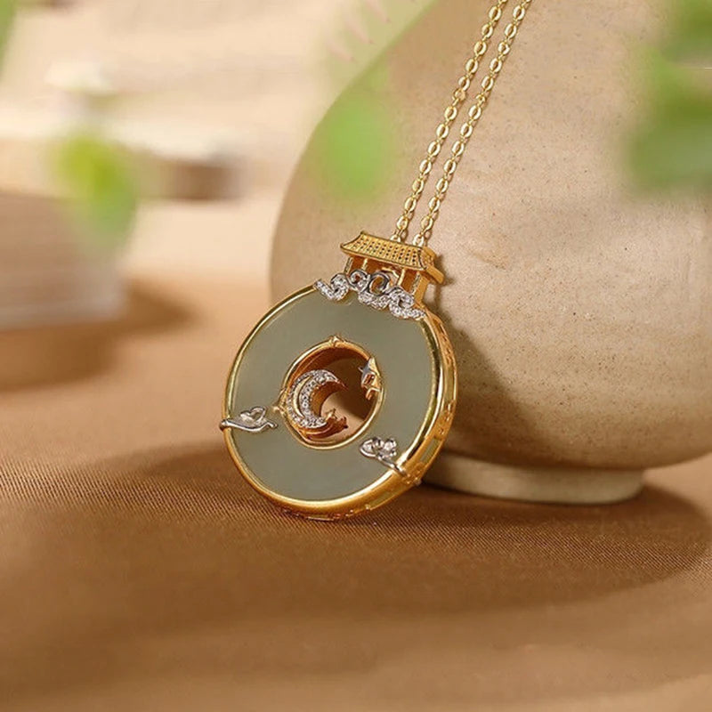 Natural Hetian Jade Pendant Necklace with Crystal Inlay Elegant Ladies Jewelry