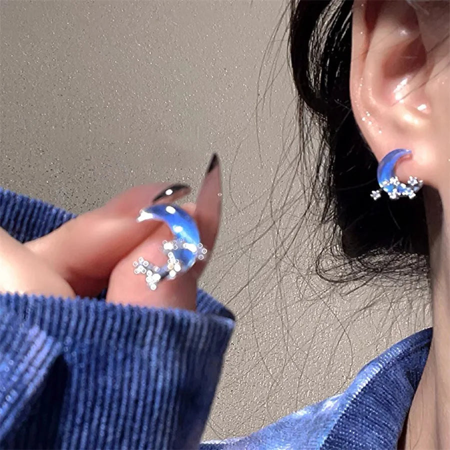 Y2K Korean Blue Crystal Butterfly Star Earrings for Women