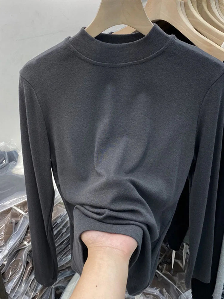 White Cotton Slim Fit Long Sleeve Half Turtleneck Women