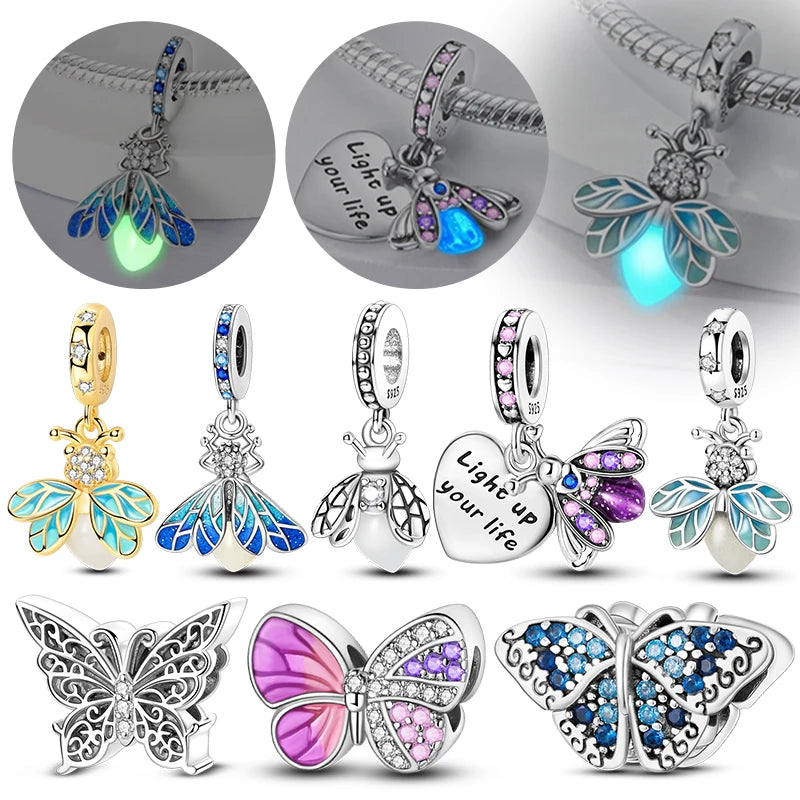 Glowing Firefly Butterfly Charm Bead 925 Sterling Silver Pendant for Bracelets