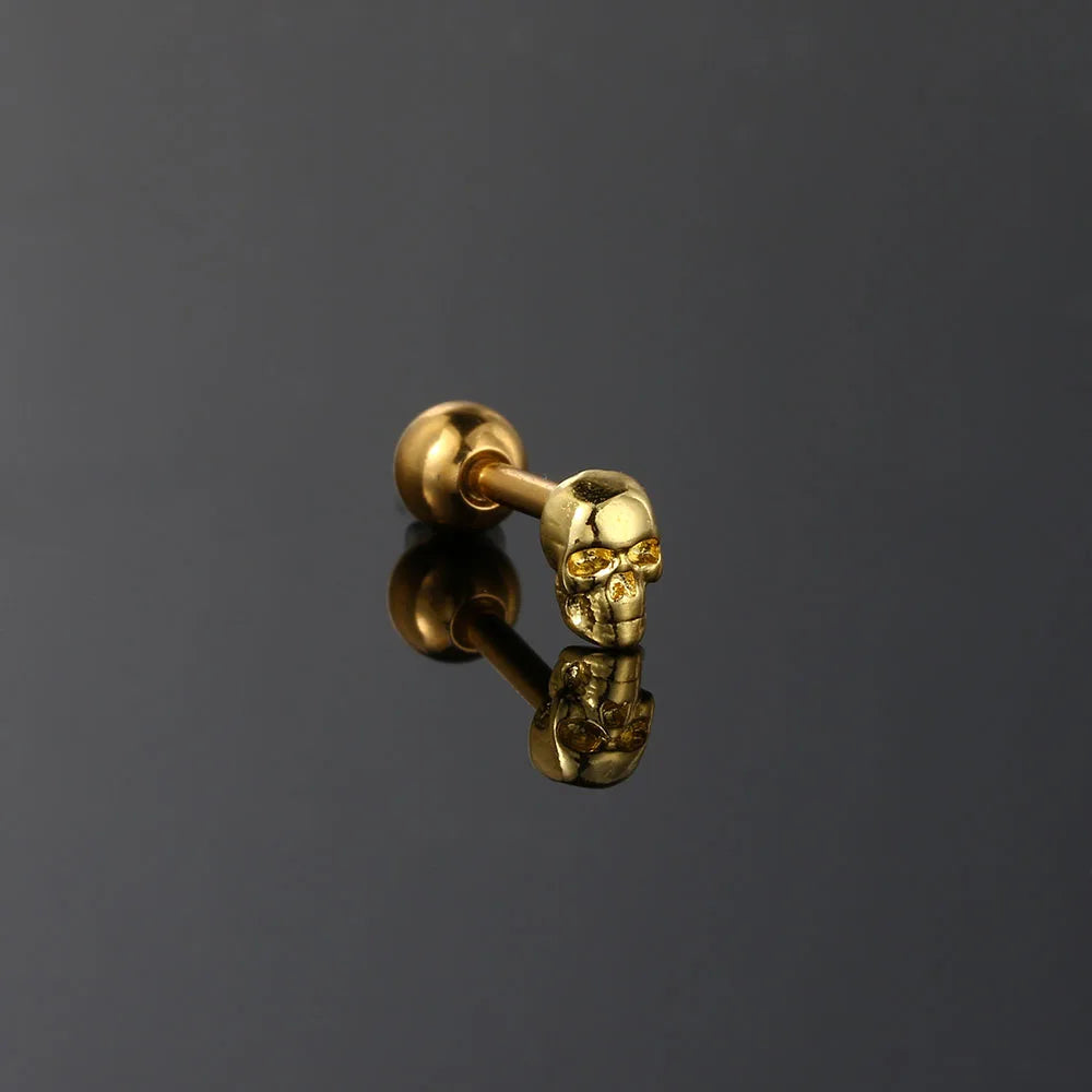 Punk Style Stainless Steel Skull Earrings for Women - Gold Helix Studs Halloween Gift
