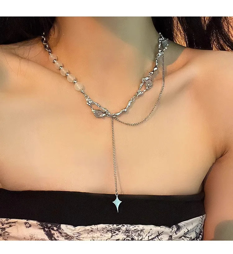 Y2K Moonstone Necklace with Star Tassels Pendant Zircon Chain for Women Girls Trendy Party Jewelry Gift