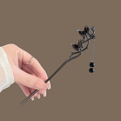 Elegant Ink Flower Tassel Hairpin Forks for Women - Modern Hanfu Hair Jewelry with Black Beads Fringe