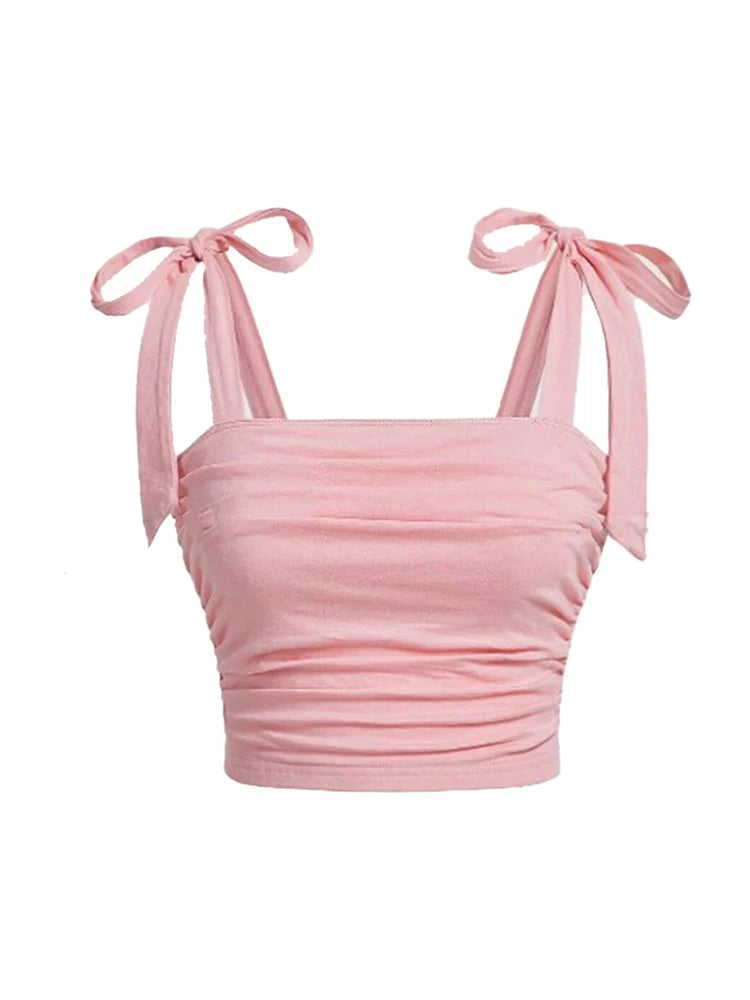 Pink Ruched Tie Shoulder Wide Strap Backless Crop Top