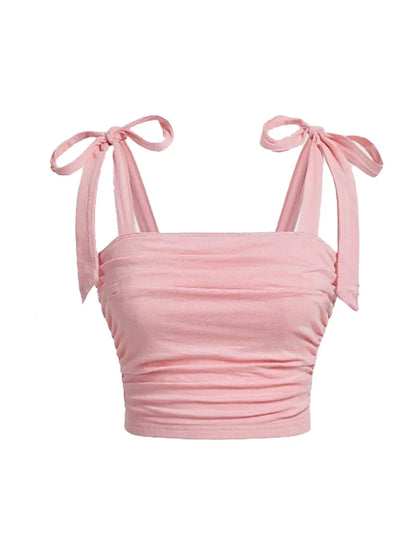 Pink Ruched Tie Shoulder Wide Strap Backless Crop Top