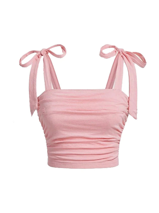 Pink Ruched Tie Shoulder Wide Strap Backless Crop Top