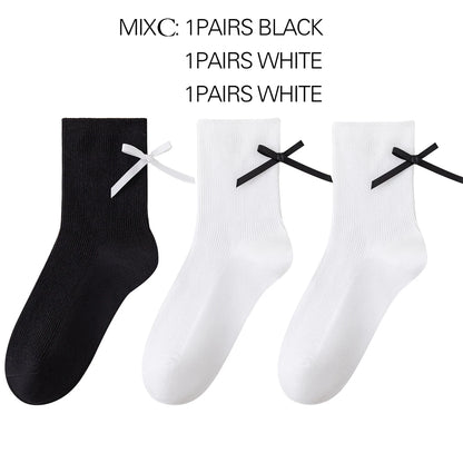 3 Pairs Black White Ballet Bow Crew Breathable Socks