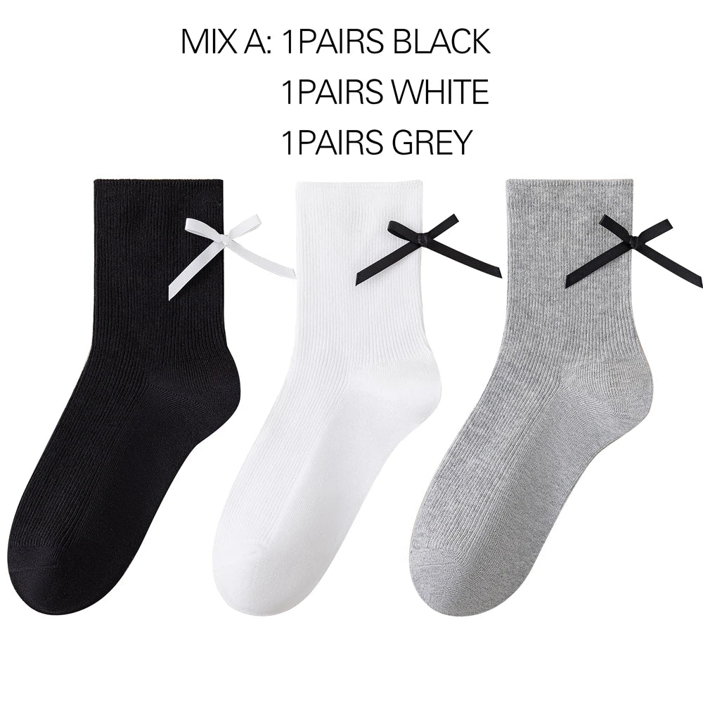 3 Pairs Black White Ballet Bow Crew Breathable Socks