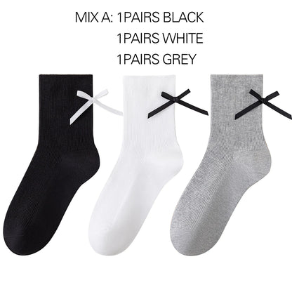 3 Pairs Black White Ballet Bow Crew Breathable Socks