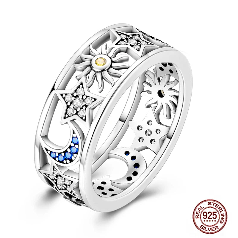 Hot Blue Zircon Ring for Women in 925 Sterling Silver Sparkling Star and Moon Design Wedding Jewelry LLTR152
