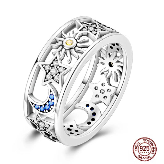 Hot Blue Zircon Ring for Women in 925 Sterling Silver Sparkling Star and Moon Design Original Wedding Jewelry LLTR157