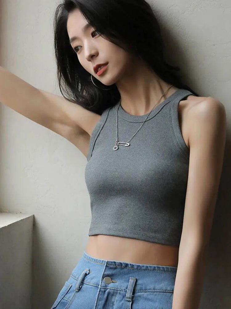 Chic White Ribbed Knit Halter Crop Top For Women Casual