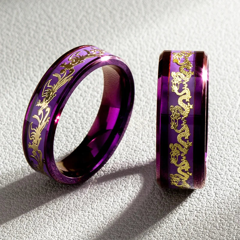 Purple Dragon Phoenix Stainless Steel Couple Rings for Wedding and Gift