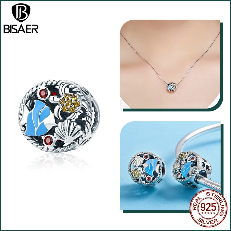BISAER Ocean Charm 925 Sterling Silver Dolphin and Mermaid Bead with Blue CZ for DIY Jewelry ECC683 CHINA