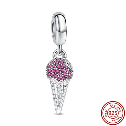 925 Sterling Silver Donut Dessert Charm Beads Zircon Accents for DIY Women Bracelet Jewelry Gift