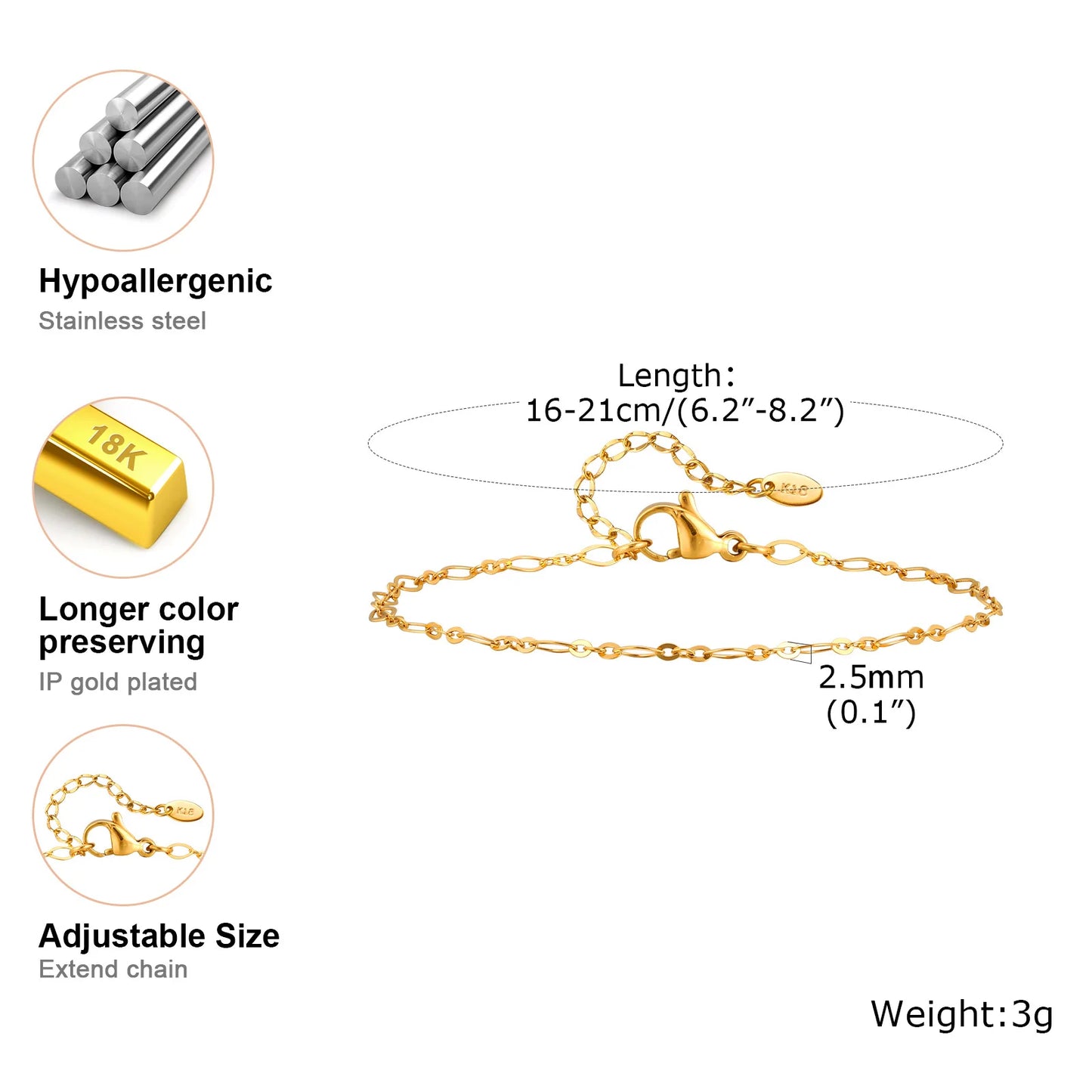 Elegant Gold Plated Link Bracelet for Women - Adjustable Stainless Steel Waterproof Jewelry
