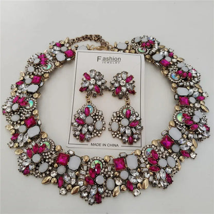 Indian Ethnic Crystal Rhinestone Necklace Earrings Set for Bridal 2024 Rose Sets