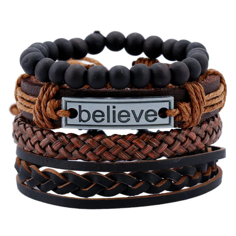 ZORCVENS Men's Handmade Braided Leather Bracelet Set - Vintage Black Punk Fashion Gift