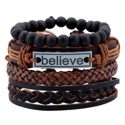 ZORCVENS Men's Handmade Braided Leather Bracelet Set - Vintage Black Punk Fashion Gift
