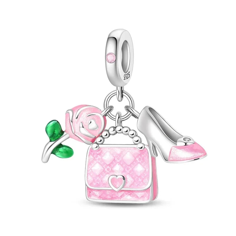 Romantic 925 Sterling Silver Lipstick Charm Pendant with Zircon for Womens Bracelets Necklaces DIY Jewelry Gift