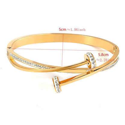 Gold Crystal Nail Head Cross Stainless Steel Women's Cuff Bracelet