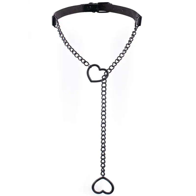 Heart Slip Chain Y Necklace Black Leather Choker for Women