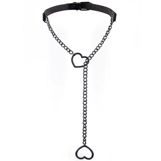 Heart Slip Chain Y Necklace Black Leather Choker for Women