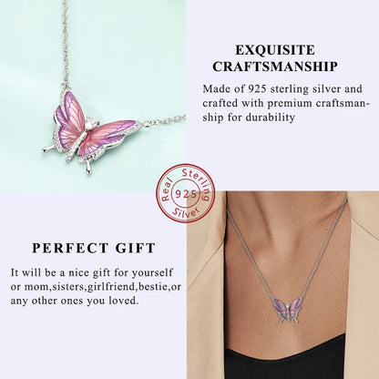 Elegant 925 Sterling Silver Zircon Butterfly Heart Pendant Necklace for Women Anniversary Gift