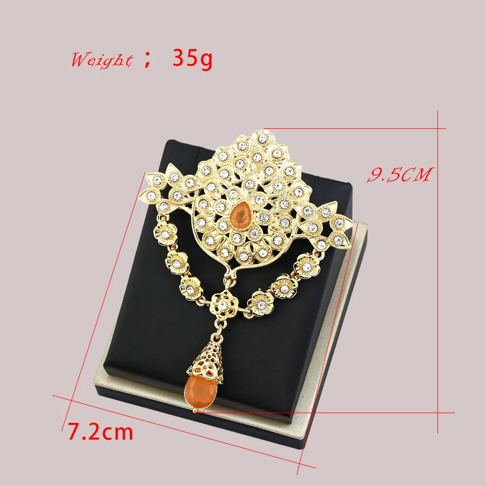 Elegant Gold Flower Brooch for Women - Crystal Embellished Moroccan Jewelry for Caftans and Hijabs