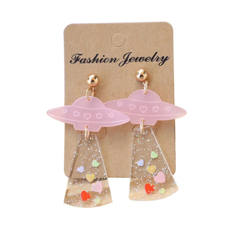 Valentine's Day Pink Heart UFO Gashapon Earrings for Women - Cute Acrylic Drop Spaceship Jewelry Gift