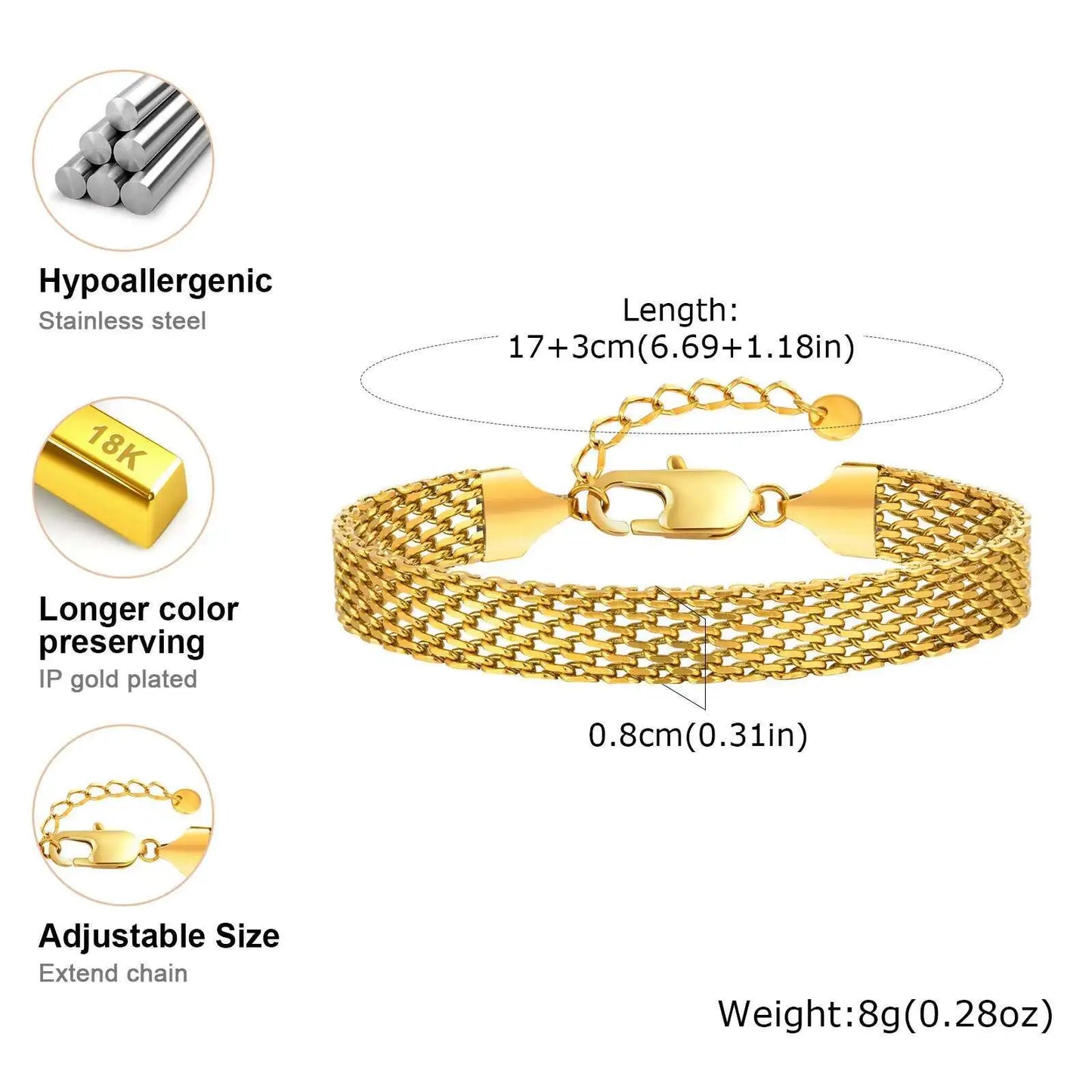 Gold Plated Italian Mesh Link Chain Bracelet for Women - Non Tarnish Stainless Steel Jewelry Gift