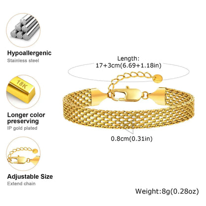 Gold Plated Italian Mesh Link Chain Bracelet for Women - Non Tarnish Stainless Steel Jewelry Gift