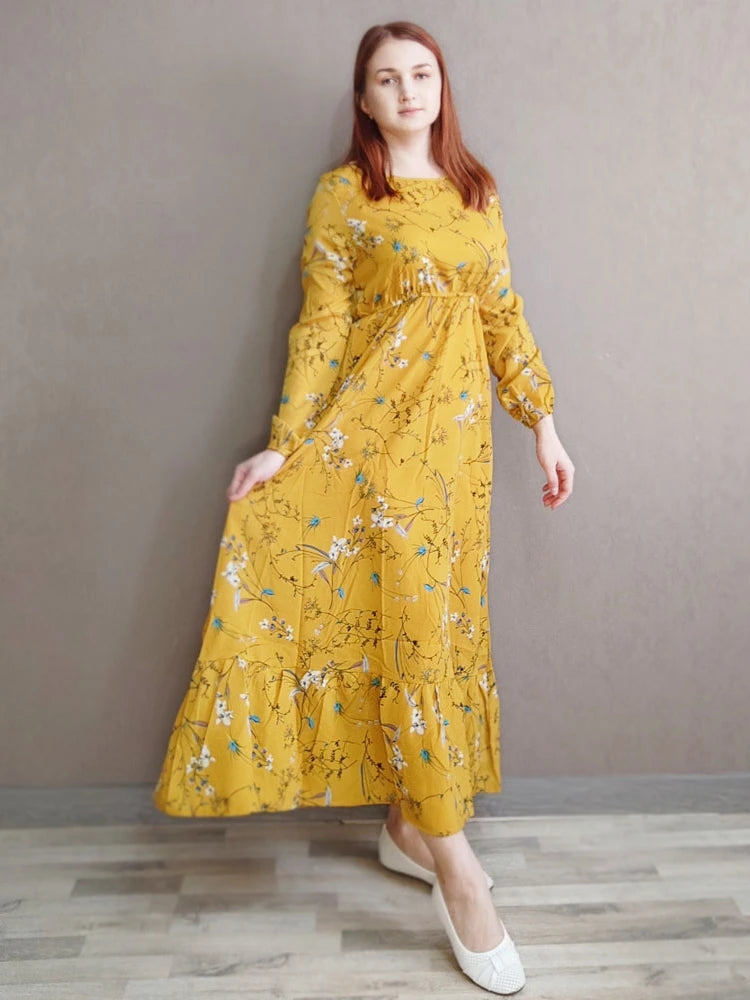 Spring Summer Women Maxi Dresses Casual Full Sleeve Floral