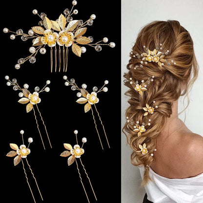 Elegant Pearl Flower Wedding Hairpin Comb Set for Brides