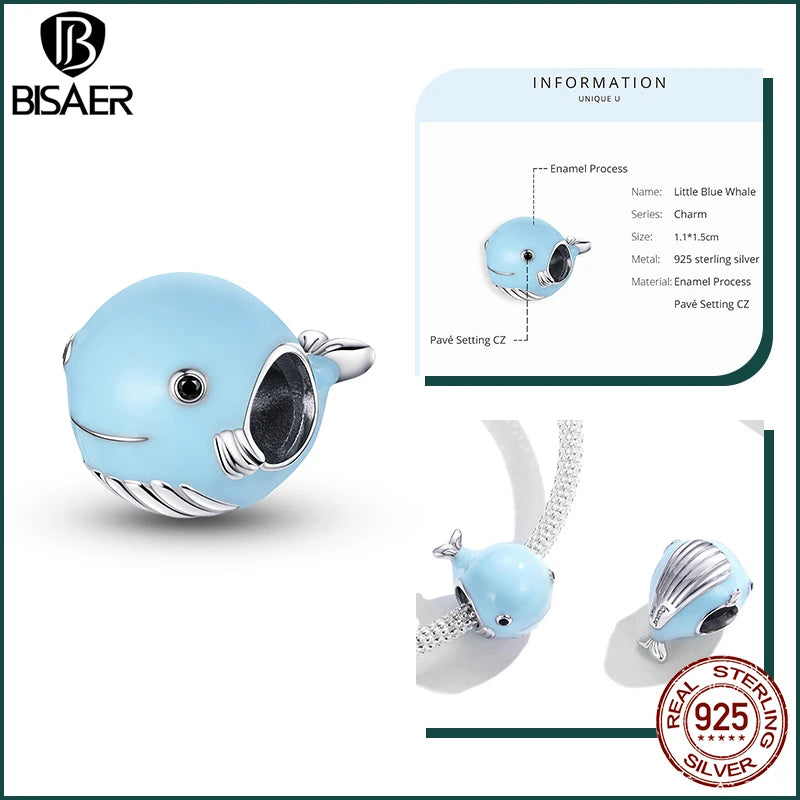 BISAER Ocean Charm 925 Sterling Silver Dolphin and Mermaid Bead with Blue CZ for DIY Jewelry EFC250 CHINA