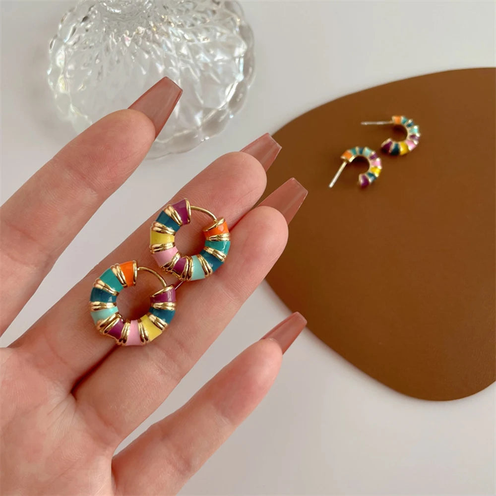 Kpop Multicolour Enamel Bamboo Hoop Earrings for Women - Stainless Steel C Shape Summer Jewelry