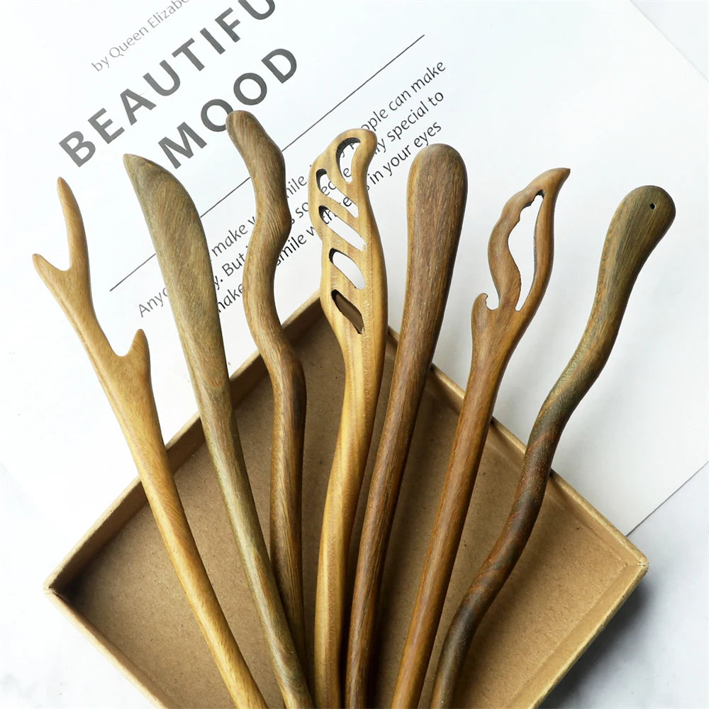 Vintage Green Sandalwood Hair Stick Chinese Style Natural Wood Hairpin Jewelry