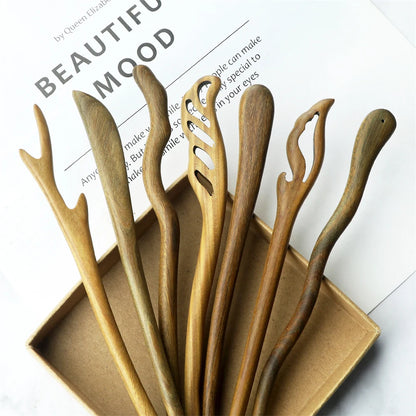 Vintage Green Sandalwood Hair Stick Chinese Style Natural Wood Hairpin Jewelry