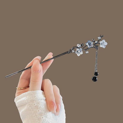 Elegant Ink Flower Tassel Hairpin Forks for Women - Modern Hanfu Hair Jewelry with Black Beads Fringe